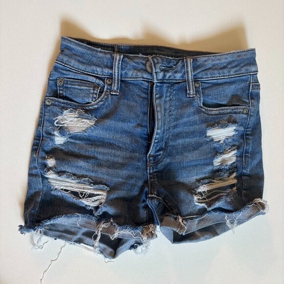 American Eagle Distressed Denim Shorts | Medium Wash Stretch | Size 2 - Picture 1 of 6